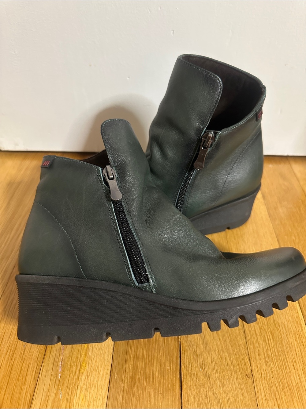 Women's Dark Green Leather Wedge Ankle Booties with Side Zip